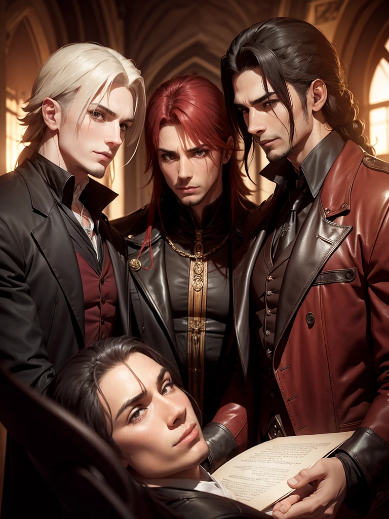 3 vampiros homens, vampiros, Castlevania, (detalhado), reunidos num conselho, noite.