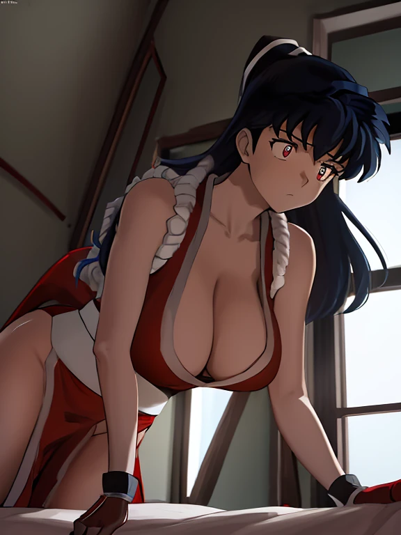 masterpiece, best quality, Kagome Higurashi, Mai Shiranui, 25 years old, kunoichi dress, large breasts, matured face, cleavage, big breast, very busty, big hips, full body view, athletic body, She stands tall while wearing a red Kunoichi dress, pelvic curtain, arm guards and gloves. she's looking directly at the camera with a worried look and confused expression. Perfect Anatomy,(Professional Lighting), 4k textures, epic artistic, sharp focus, even lighting, insane details, intricate details, hyperdetailed, rich colors, (Background: indoors, bedroom, windows, mirror, bed)
