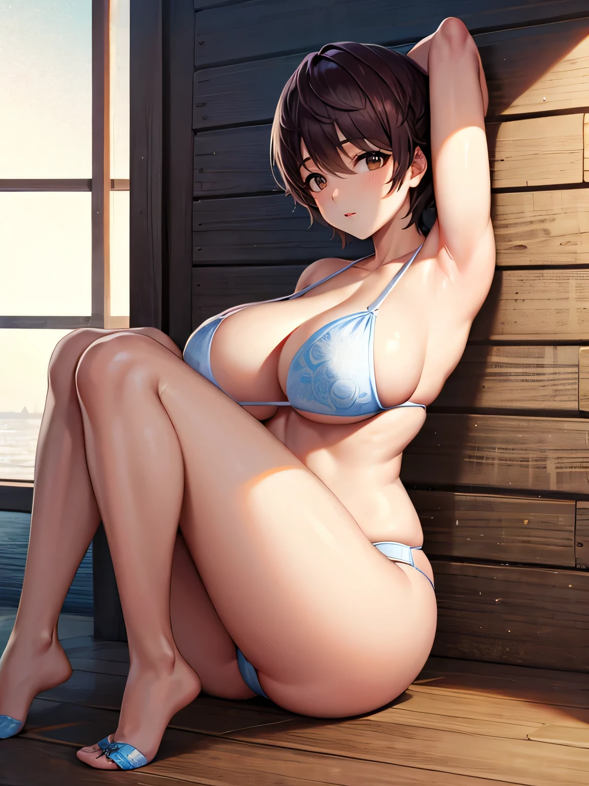 (masterpiece)), ((highest quality)), (Super detailed), ((cute)), cute, (Lovely), ((very detailed)), 4k, (8K), highest quality, (beautiful), full body, teenage, alone, ((huge breasts)), (((saggy breasts))), armpit,  (crooked), oikawa shizuku, From the side