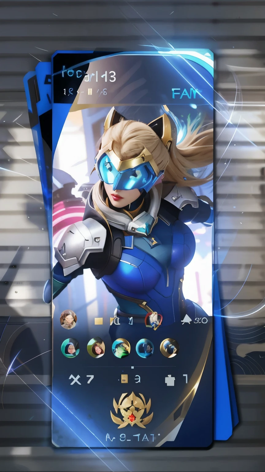 a close up of a card with a picture of a woman in a blue outfit, ashe, kda, qiyana, cammy, sigma female, wild rift, female lucio, brigitte, epic battle screen of hero, nova, zero suit samus, 8k artgerm bokeh, mobile legends, pharah, overwatch skin, heroic look