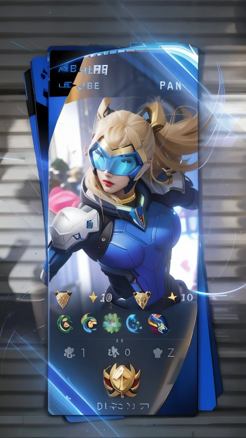 a close up of a card with a picture of a woman in a blue outfit, ashe, kda, qiyana, cammy, sigma female, wild rift, female lucio, brigitte, epic battle screen of hero, nova, zero suit samus, 8k artgerm bokeh, mobile legends, pharah, overwatch skin, heroic look