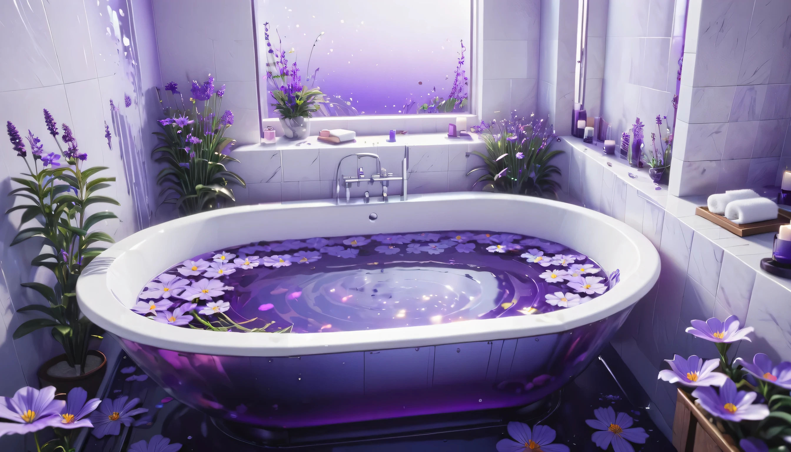 there is a bathtub with purple flowers in it in a bathroom, relaxing concept art, highly detailed scene, anime beautiful peace scene, 3 d stylize scene, super detailed render, rendered in blender, rendered with blender, rendered in cinema4d, rendered in cinema 4 d, daily render, beautiful anime scene, highly detailed render, 3d rendered in octane