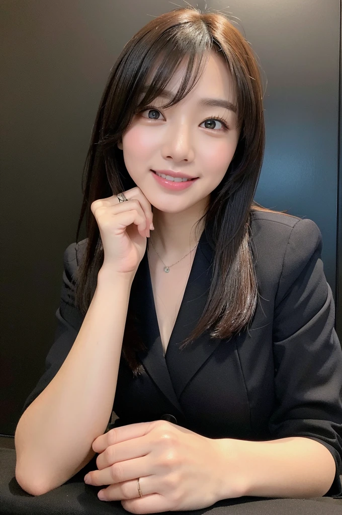 (natural background), masterpiece, highest quality, figure, Super detailed, finely, High resolution, 8k wallpaper, 完璧なダイナミックな構figure, detailed and beautiful eyes, big breasts, natural color lip, pose randomly, smile, ((office)), 20 year old girl, full body shot, long hair, ((working office uniform)), (dark), look ahead, sitting in a chair