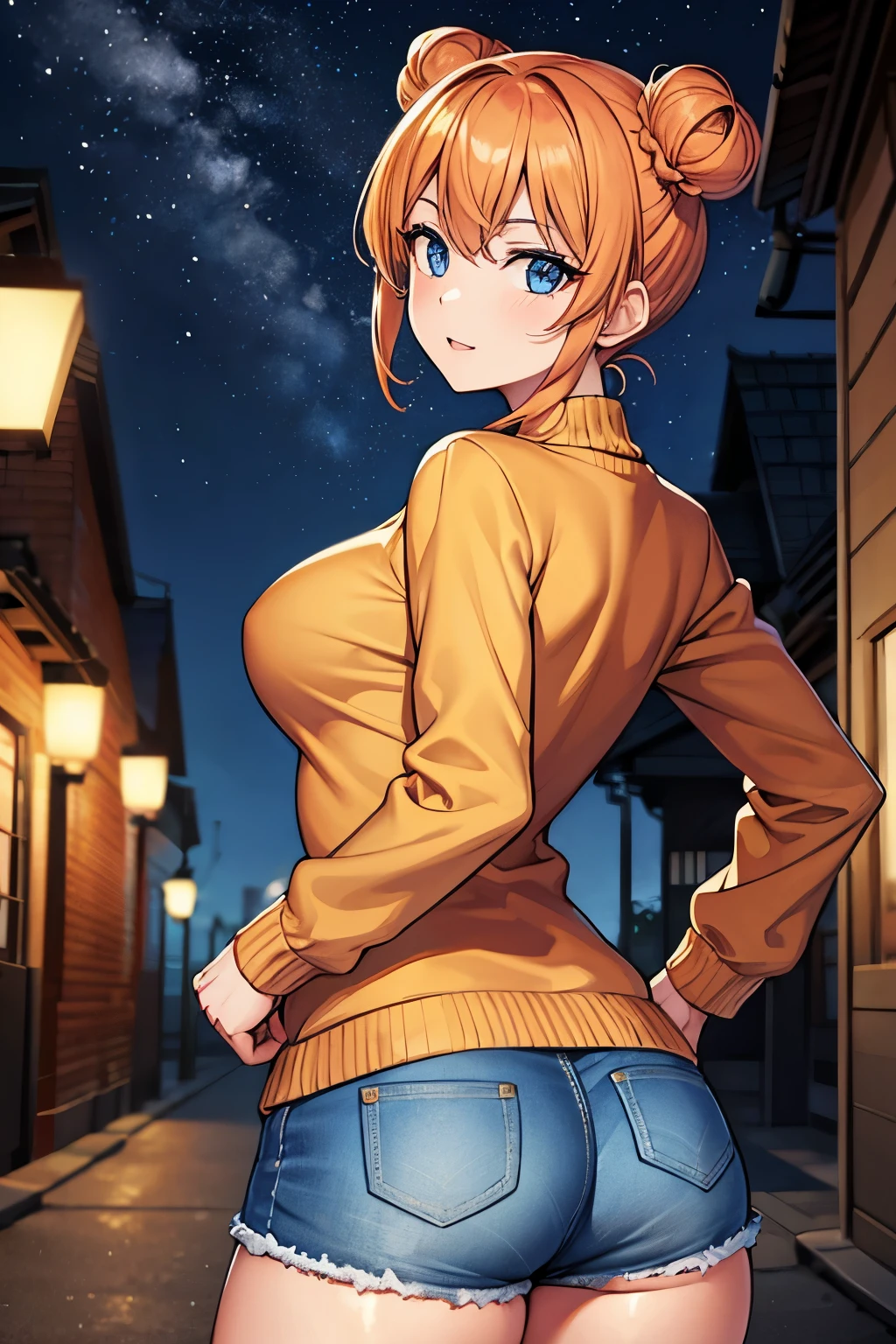 (masterpiece), best quality, expressive eyes, perfect face, 1girl, solo, tomboy, mature female, big breasts, short hair, , orange hair BREAK hair buns, double buns, blue eyes BREAK from behind, looking back, orange sweater BREAK denim shorts BREAK butt focus, starry sky, night sky, village town, hands on hips, :/, bored face, standing, from below