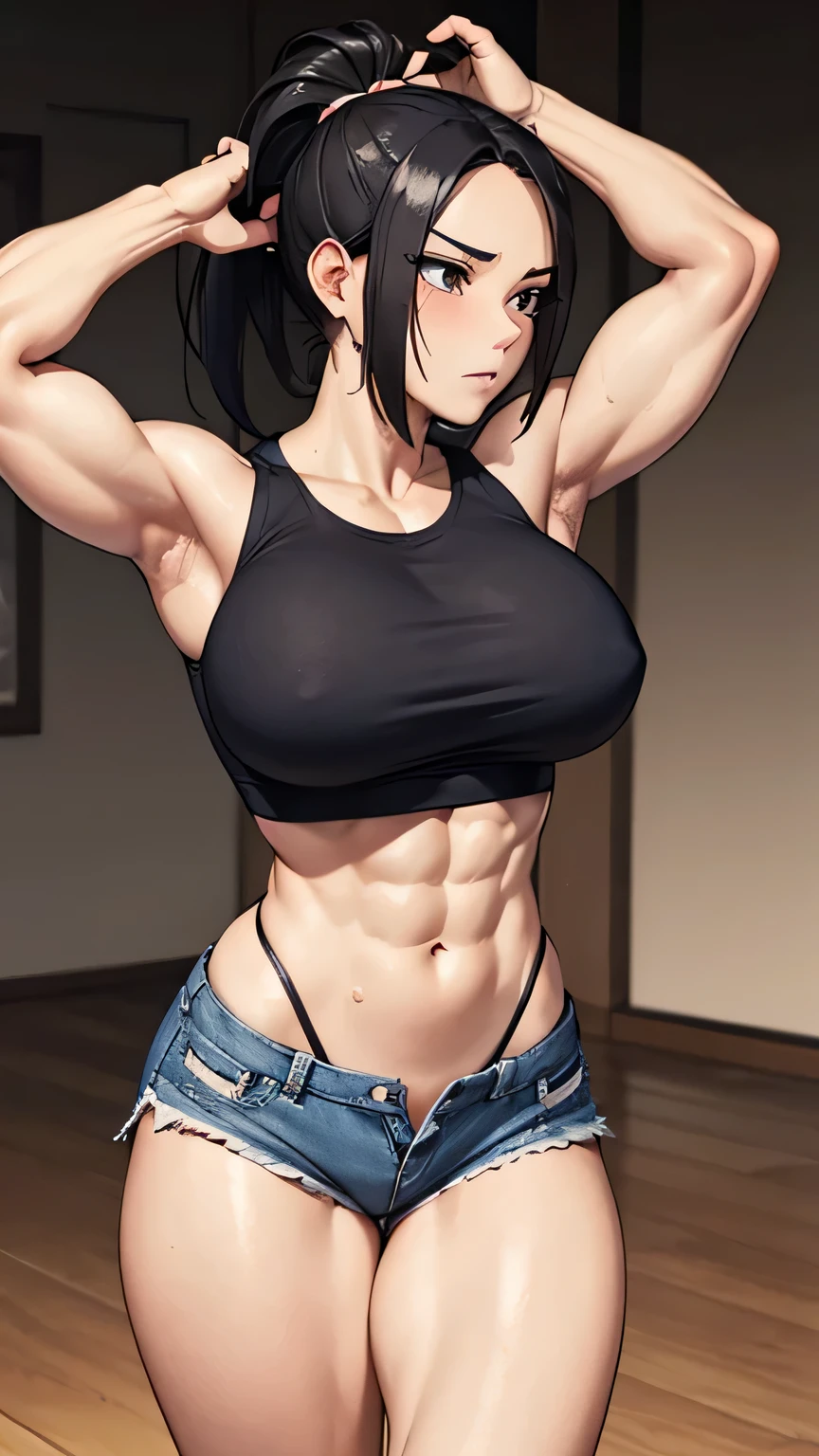 Beauty、1 person、training 、woman、whole body、muscular、Sweat、white tank top、ponytail、developed muscles、abs、biceps、trapezius muscle、quadriceps、Ripped tight denim shorts、Sweat、strongest、superhuman power、broad shoulders、Bodybuilder-like muscle growth、rather thick legs、Quite thick arms、loafers、bewitching face、appeal、blood vessels protrude、knees、zipper open、eight-headed body