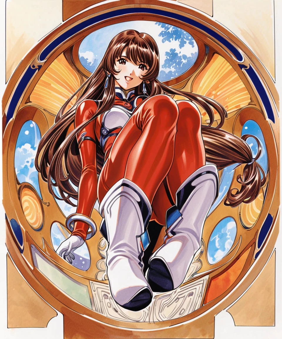 masterpiece, highest quality, divine quality, godlike art, Art Nouveau watercolors, highly detailed face, very realistic, cute, Erica Fontaine, 1 girl, alone, long hair, low-tied long hair, boots, thigh boots, black stockings, gloves, brown hair, feather, brown eyes, smile, red bodysuit, earrings, white shoes, jewelry, open your mouth, high heels, looking at the viewer, white gloves, white stockings, traditional media, Nice views , flower-like_background, Intricate designs and patterns in the style of Alphonse Mucha.from below