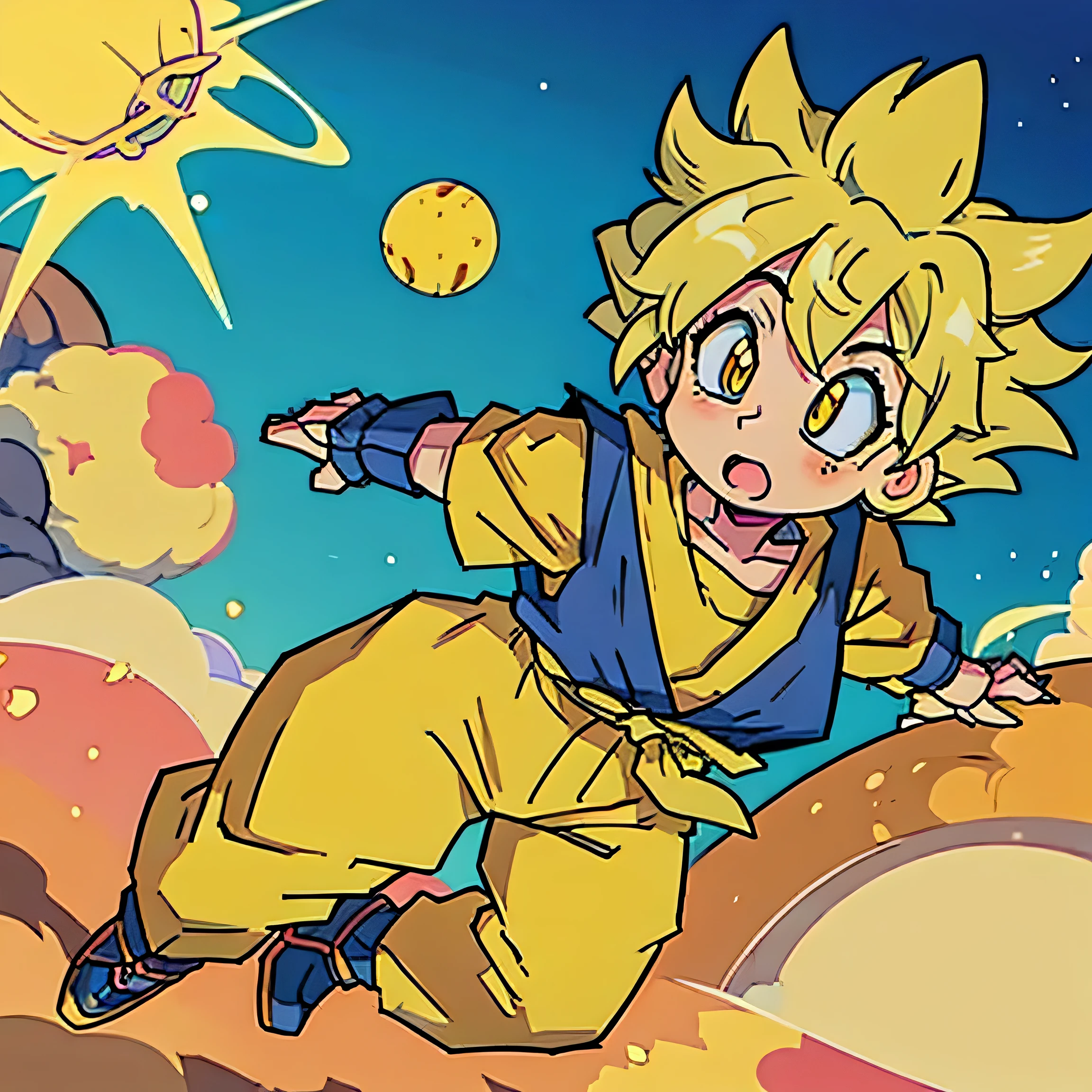 one cute anime girl short spiked yellow hair and yellow eyes wearing in dragon ball clothes and super sayan akira toriyama style surprised shocking looking face no background