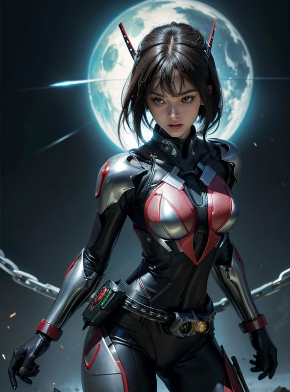 1 girl、big breasts、slim、perfect proportions、rough skin, Super detailed, advanced details, high quality, 最high quality, High resolution, 1080p, hard disk, gorgeous beauty,(kamenrider555),(female rider),body suit,combat uniform,transformation belt,battle mode,Metal,Transform into Kamen Rider,cyborg、put both hands behind your back、slave、restraint、first round、view audience、Bound in chains、hands tied behind one's back