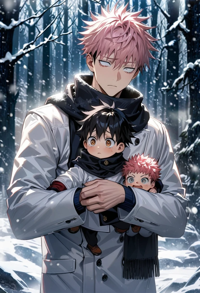 Ultra detailed, highres, absurdres, HDR, Yuya, black hair, hair between the eyes, silver eyes, Itadori Yuji as a little kid, pink hair, brown eyes, handsome, Jujutsu Kaisen, snowing, snowflakes, ice forest, black scarf, white winter jacket, carrying a little ???, sad expression,