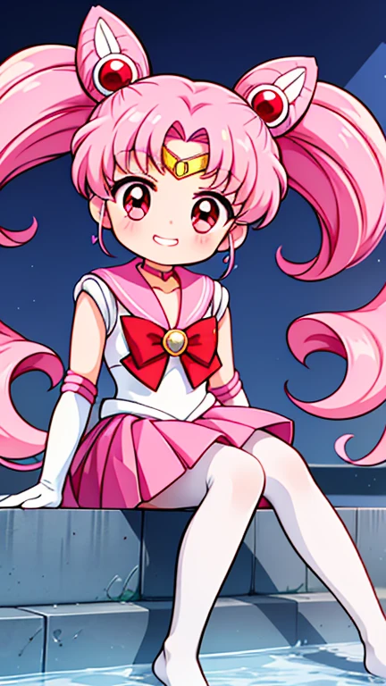Sailor Moon,childhood,Young,Seven years old,Cute little loli,Pink hair twintails,red eyes,short hair,Sailor suit,bow tie,White elbow gloves,red skirt,sitting,no shoes,blink,Croaking grin,white pantyhose
