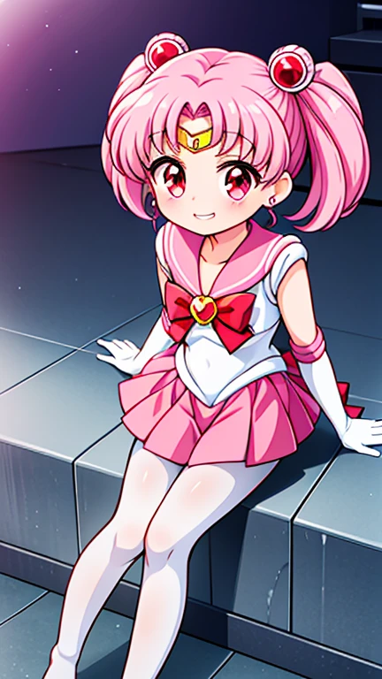 Sailor Moon，childhood，Young，Seven ，Cute little loli，Pink hair twintails，red eyes，short hair，Sailor suit，bow tie，White elbow gloves，red skirt，sitting，no shoes，blink，Croaking grin，white pantyhose