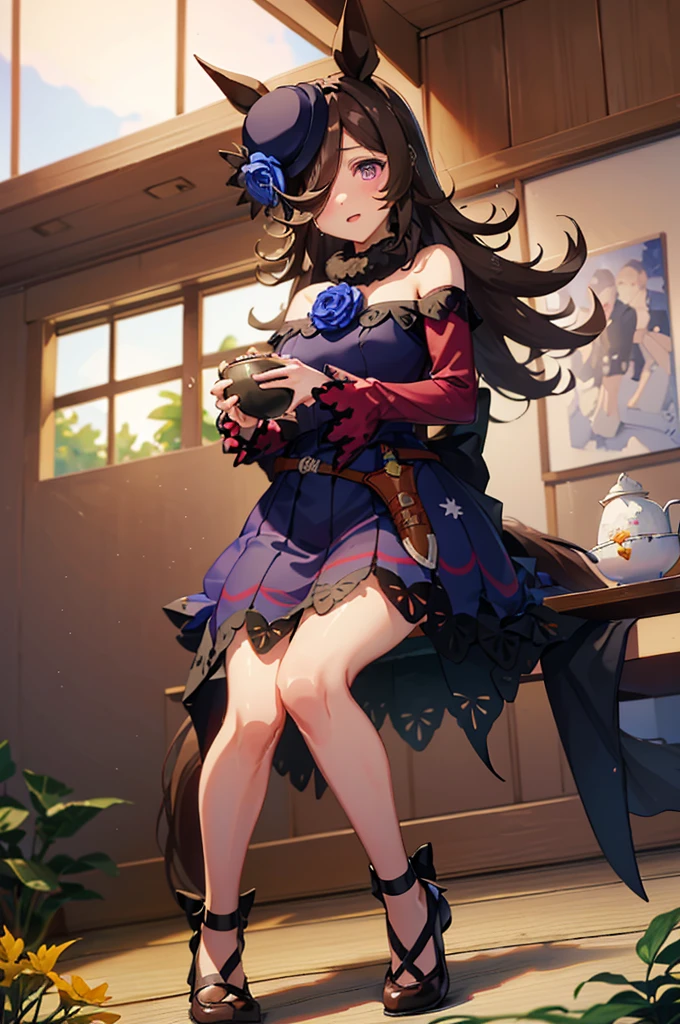 High definition, high image quality,8k wallpaper.perfect face,perfect hands,perfect feet,1 girl solo rice  shower\(uma musume\)、training center , ,Japanese-style room, bamboo blinds hanging on the window, wind chimes, and fireworks outside the window, heat a large amount of rice from the rice cooker into a bowl.
