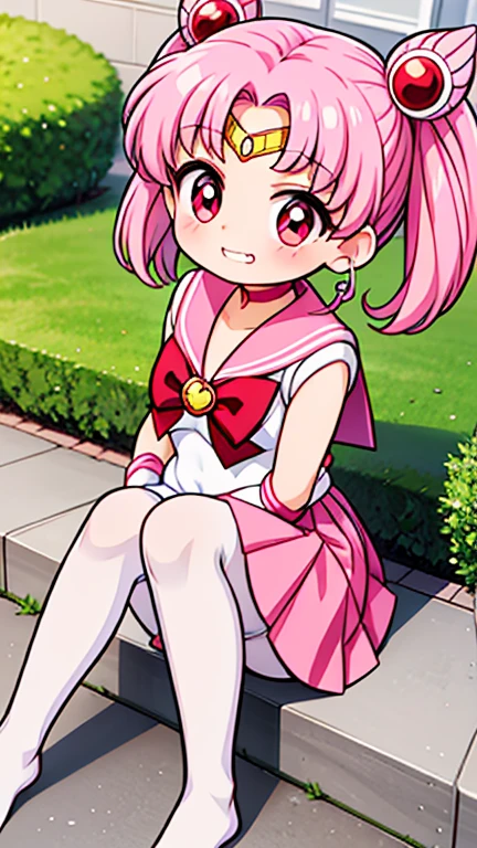Sailor Moon,childhood,Young,Seven years old,Cute little loli,Pink hair twintails,red eyes,short hair,Sailor suit,bow tie,White elbow gloves,red skirt,sitting,no shoes,blink,Croaking grin,white pantyhose