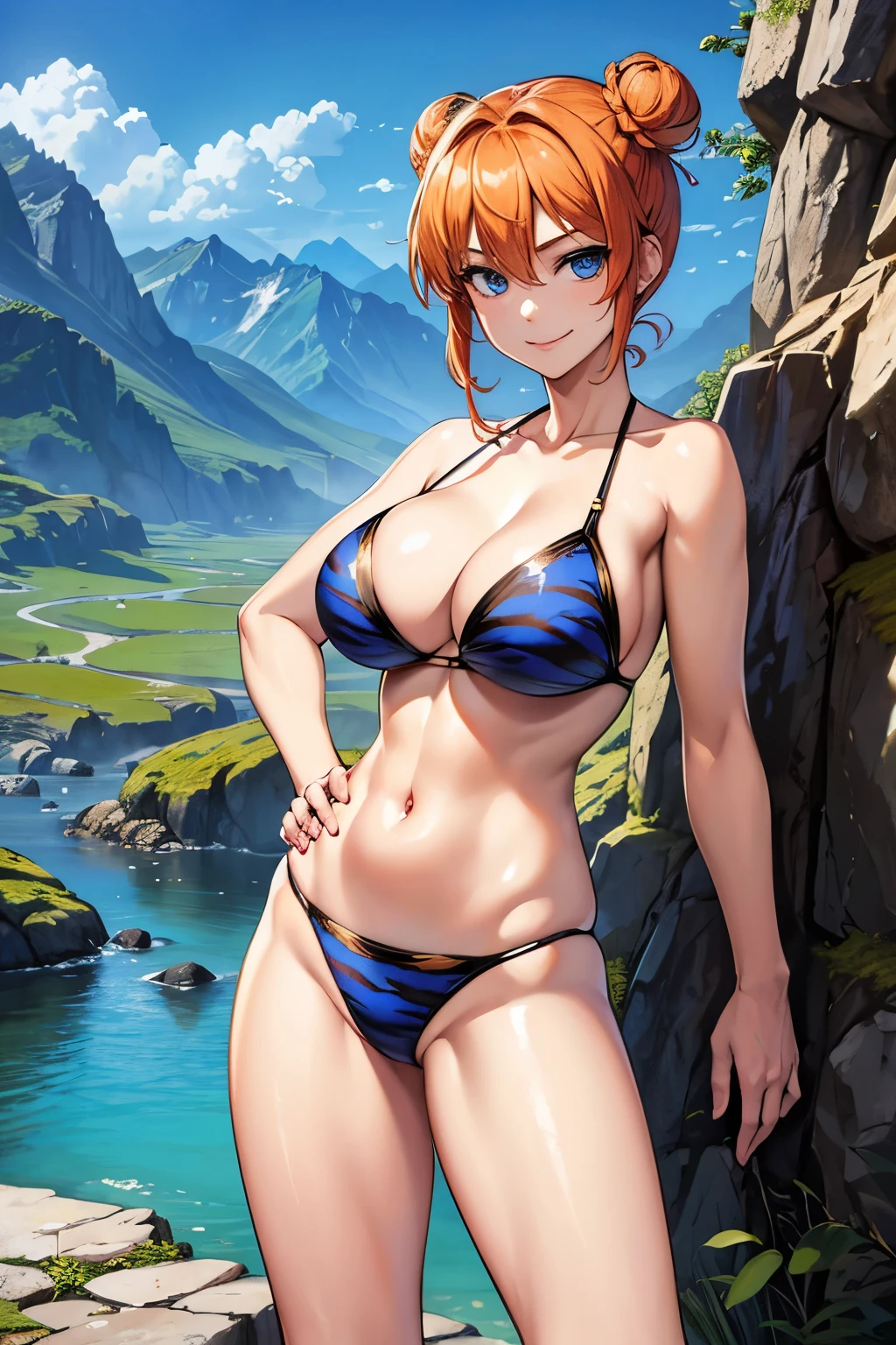 (masterpiece), best quality, expressive eyes, perfect face, 1girl, solo, tomboy, mature female, big breasts, short hair, cleavage, orange hair BREAK hair buns, double buns, blue eyes BREAK tiger print bikini, hands on hips, mountains, wasteland, rocks, day time, blue sky, smile, closed mouth, standing, landscape, looking at viewer