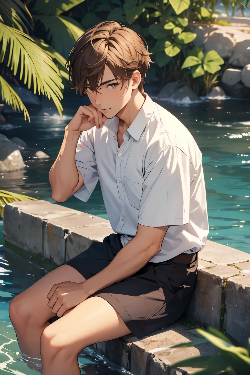 Man with short dark blonde hair and brown eyes sitting by the water