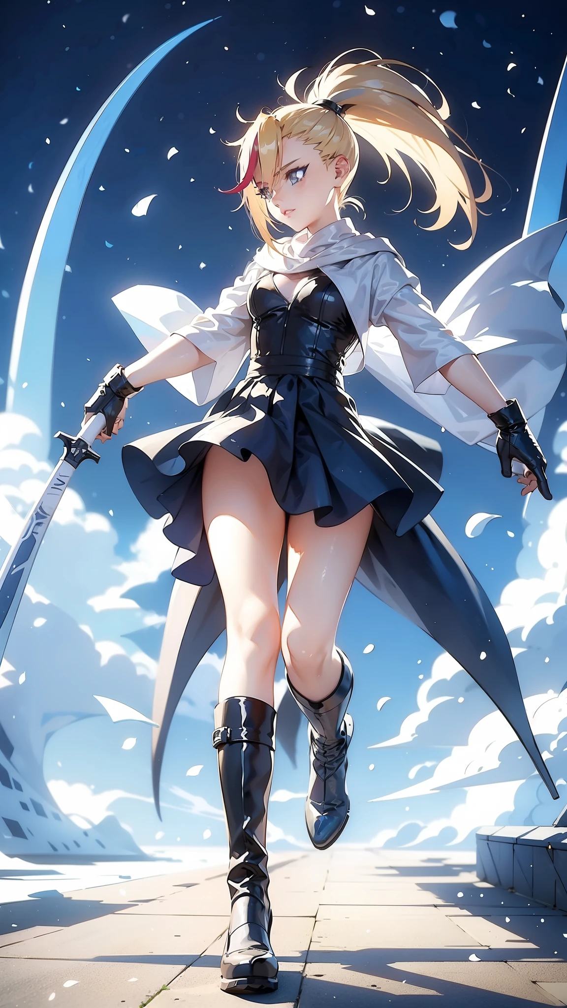 1 girl, ultra long hair, ultra detailed face, glowing lips, glowing blue eyes, very long ponytail, elegant walk, catwalk, holding down a  giant katana, blonde, long eyelashes, long boots , looking to the sky, starry sky, a ultra giant katana 