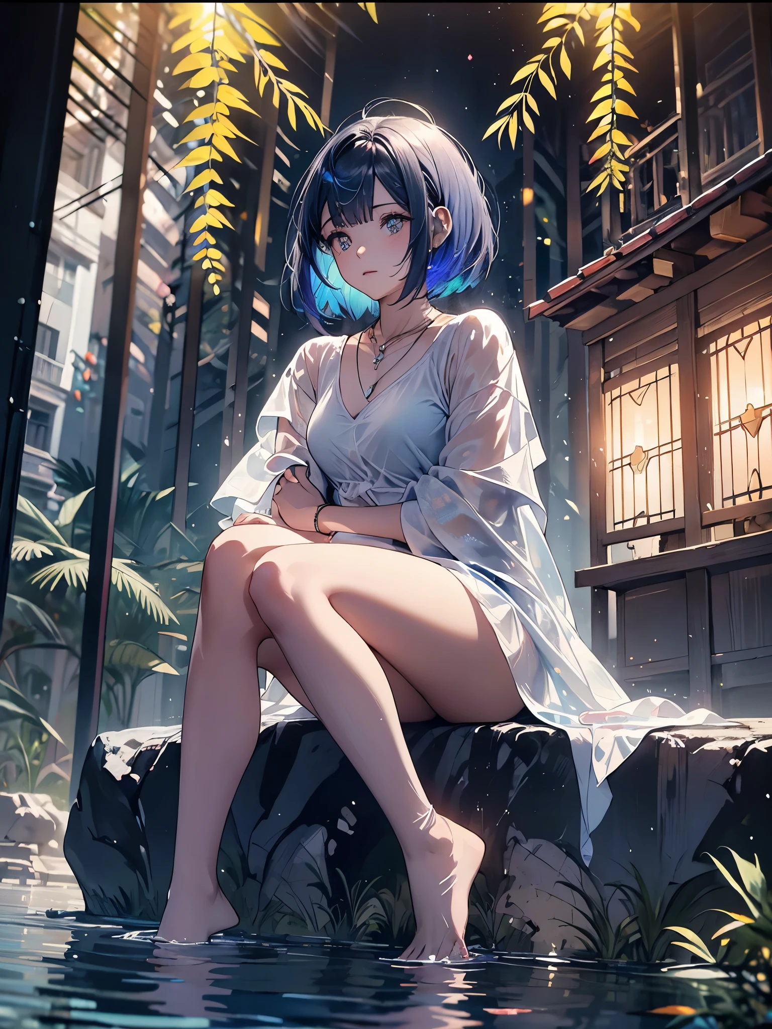 MC, ahoge, (long hari, purple hair:1.3), hair ornament, dark-blue eyes, anatomically correct, heavy breathing, mature female, 1girl, solo, breasts, looking at viewer, large breasts, long sleeves, sitting, thighs, outdoors, japanese clothes, sky, barefoot, day, cloud, wide sleeves, kimono, water, flower, spotlight, (bokeh:1.3) tree, legs, sash, bare legs, obi, crossed legs, nature, black kimono, short kimono, reflective, (fog:1.3), fireflies, hollow eyes, bright pupils, dark-blue eyes, looking at viewer. glowing eyes heavy breathing, seductive smile, (steaming face:1.3), blush face, lips,