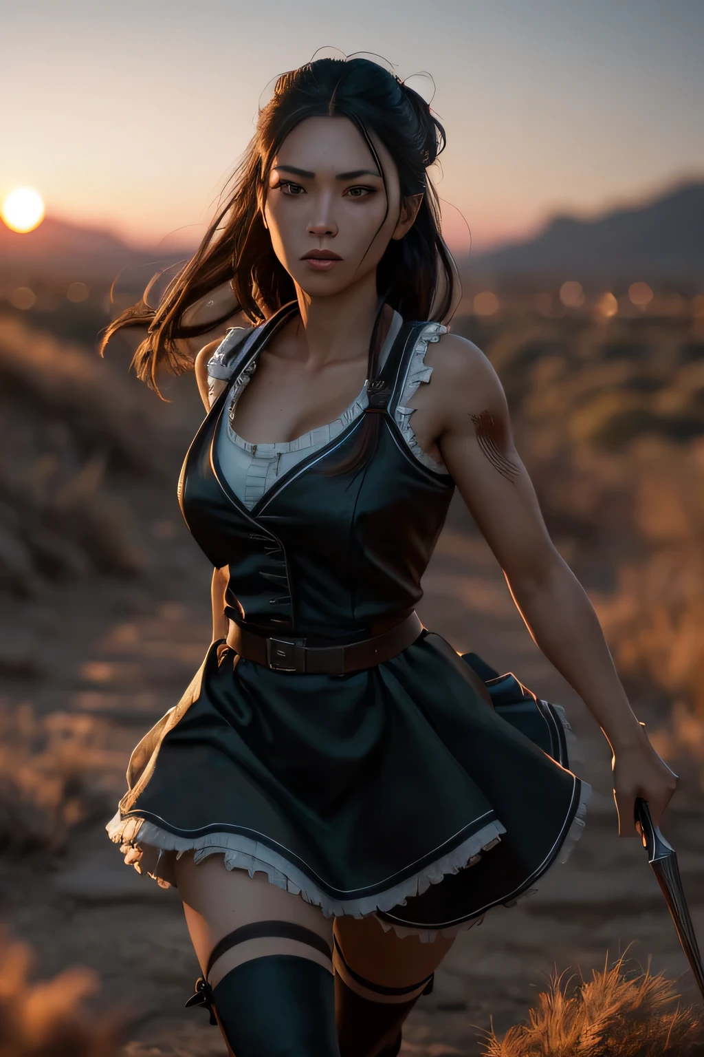 (masterpiece), (very complicated:1.3), (realistic), girl portrait, (dark fantasy, ????), (dynamic perspective), the most beautiful in the world, (waitress), outdoor, dynamic angle, running fighting stance, dry river bed, Kure, Haifa, Stunning female professional photo details, sharp focus, dramatic, Award history, cinematic lighting, Octane Rendering Unreal Engine, volumetrics dtx, (film grain, blurred background, blurred foreground, Bokeh, Depth of the bounds written, sunset), holding sickle