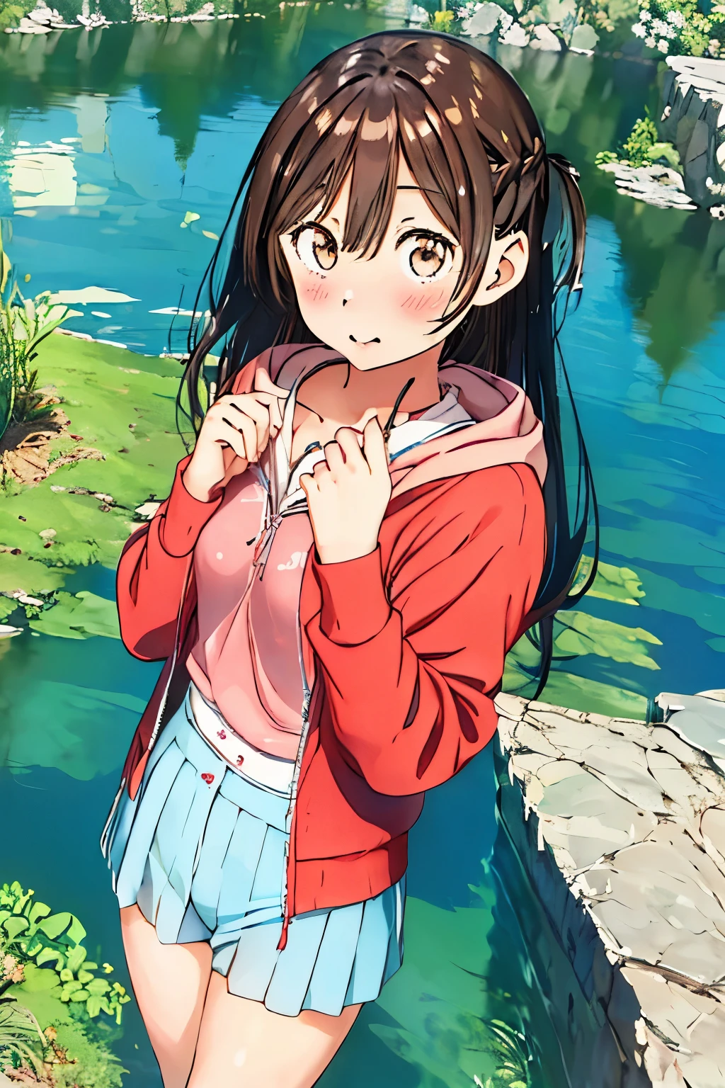 1 girl, alone, Chizuru Mizuhara, masterpiece, highest quality, 8k wallpaper, detailed and beautiful eyes, 1 girl, long hair, chest, looking at the viewer, blush, brown hair, brown eyes, large chest, medium hips, Baggy thighs, red hoodie,