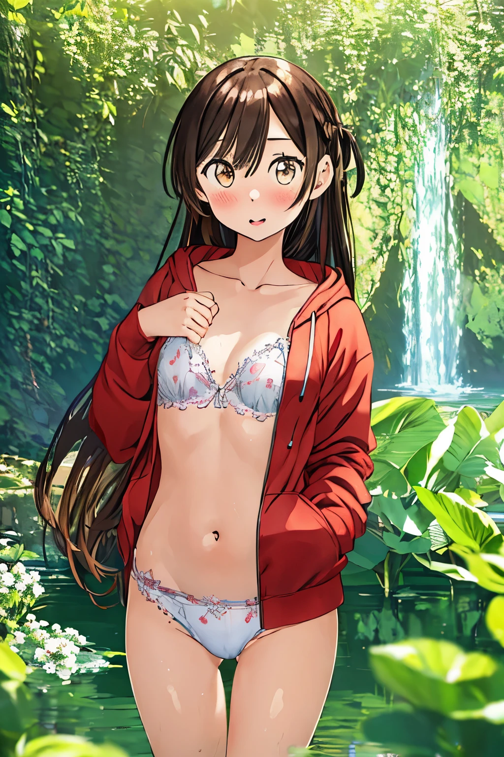 1 girl, alone, Chizuru Mizuhara, masterpiece, highest quality, 8k wallpaper, detailed and beautiful eyes, 1 girl, long hair, chest, looking at the viewer, blush, brown hair, brown eyes, large chest, medium hips, Baggy thighs, red hoodie,