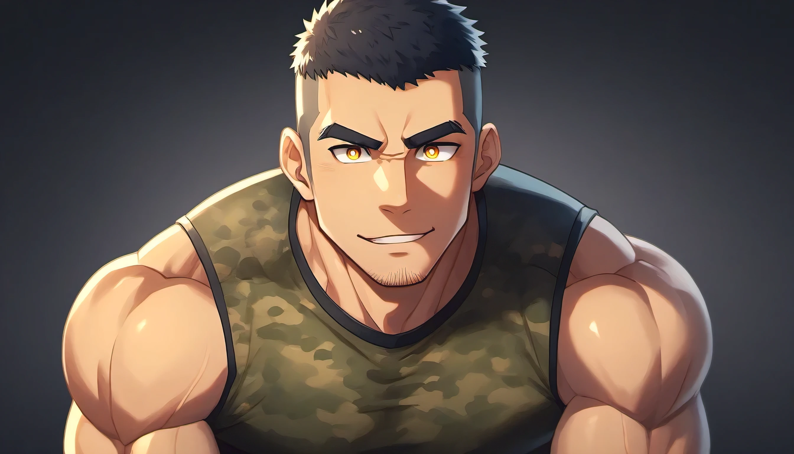 anime characters：Gyee, Fitness coach, 1 muscular tough guy, Manliness, male focus, Camouflage sleeveless T-shirt, Very tight, Slightly transparent, muscular male, muscular, only, Upper body, alone, Black short hair, Thick eyebrows, stubble, Yellow eyes, Black background, simple background, amazing quality, best aesthetics, Ridiculous, bright pupils, crew cut, parted lips, embarrassed, forced smile, drop shadow, best quality