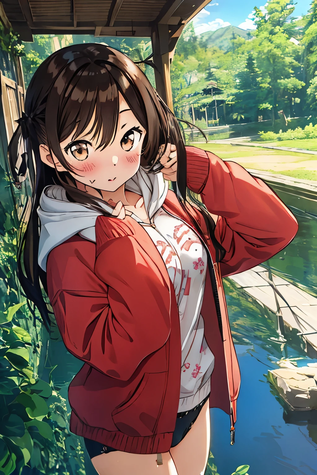 1 girl, alone, Chizuru Mizuhara, masterpiece, highest quality, 8k wallpaper, detailed and beautiful eyes, 1 girl, long hair, chest, looking at the viewer, blush, brown hair, brown eyes, large chest, medium hips, Baggy thighs, red hoodie,