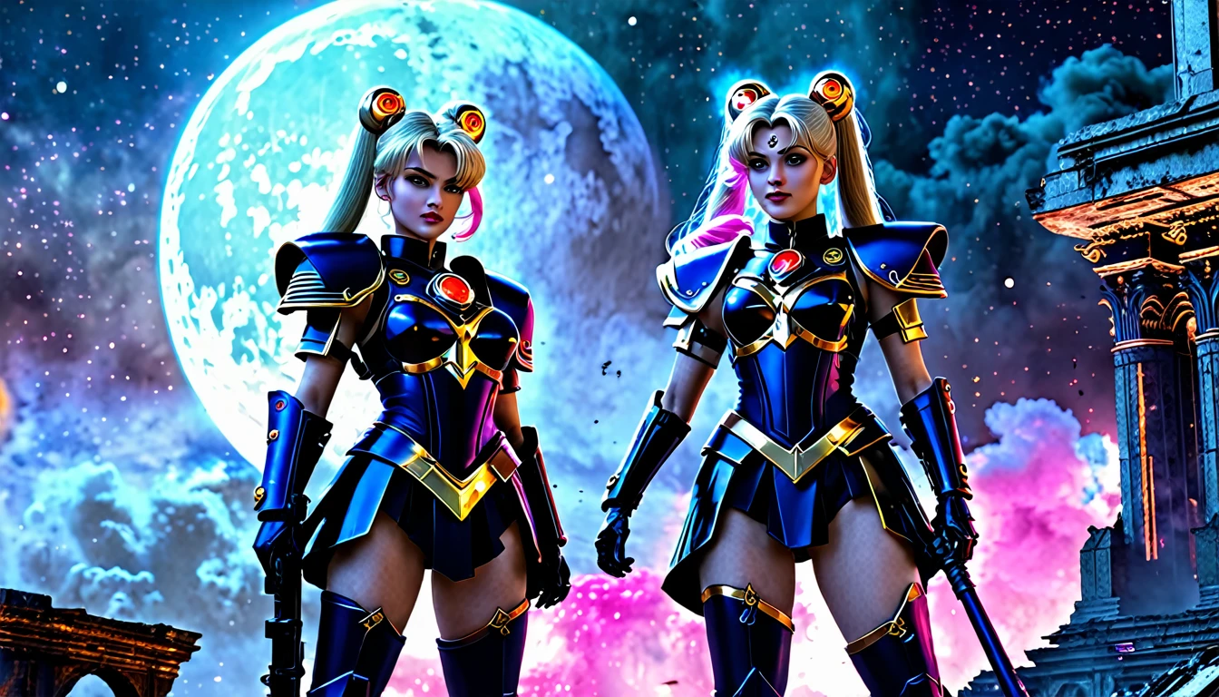 (best quality,highres,masterpiece:1.2),ultra-detailed,realistic:1.37,Space marine legion,Sailor Moon themed,war scenery,battle,explosions,chaos,combat action,effective weapons,armor plated,great power,brutal fights,heroic poses,commanding officers,alien creatures,devastation,ruthless enemies,bloodshed,thrilling firefight,dynamic movements,vibrant colors,intricate designs,serene moonlight,cosmic energy,confrontation with darkness,intense transformation,loyalty and friendship,strong sisterhood,symbolic crescent moon,futuristic technology,amidst ruins,black smoke,stormy skies,glowing magical aura,moonlit battlefield