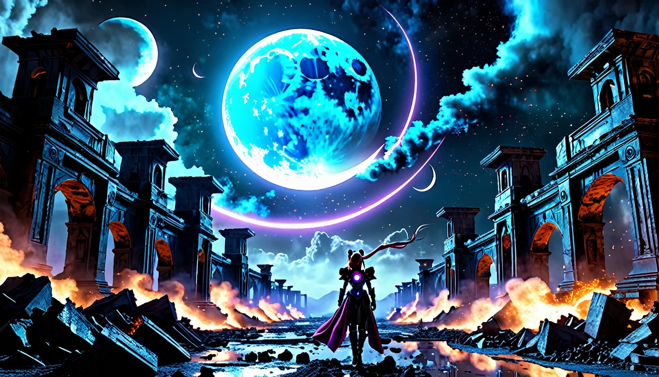 (best quality,highres,masterpiece:1.2),ultra-detailed,realistic:1.37,Space marine legion,Sailor Moon themed,war scenery,battle,explosions,chaos,combat action,effective weapons,armor plated,great power,brutal fights,heroic poses,commanding officers,alien creatures,devastation,ruthless enemies,bloodshed,thrilling firefight,dynamic movements,vibrant colors,intricate designs,serene moonlight,cosmic energy,confrontation with darkness,intense transformation,loyalty and friendship,strong sisterhood,symbolic crescent moon,futuristic technology,amidst ruins,black smoke,stormy skies,glowing magical aura,moonlit battlefield