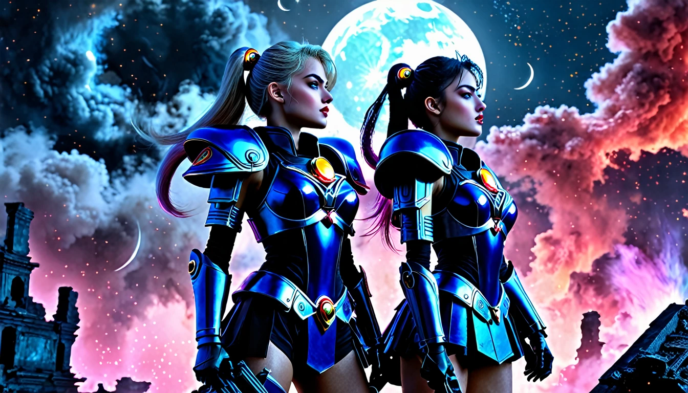 (best quality,highres,masterpiece:1.2),ultra-detailed,realistic:1.37,Space marine legion,Sailor Moon themed,war scenery,battle,explosions,chaos,combat action,effective weapons,armor plated,great power,brutal fights,heroic poses,commanding officers,alien creatures,devastation,ruthless enemies,bloodshed,thrilling firefight,dynamic movements,vibrant colors,intricate designs,serene moonlight,cosmic energy,confrontation with darkness,intense transformation,loyalty and friendship,strong sisterhood,symbolic crescent moon,futuristic technology,amidst ruins,black smoke,stormy skies,glowing magical aura,moonlit battlefield