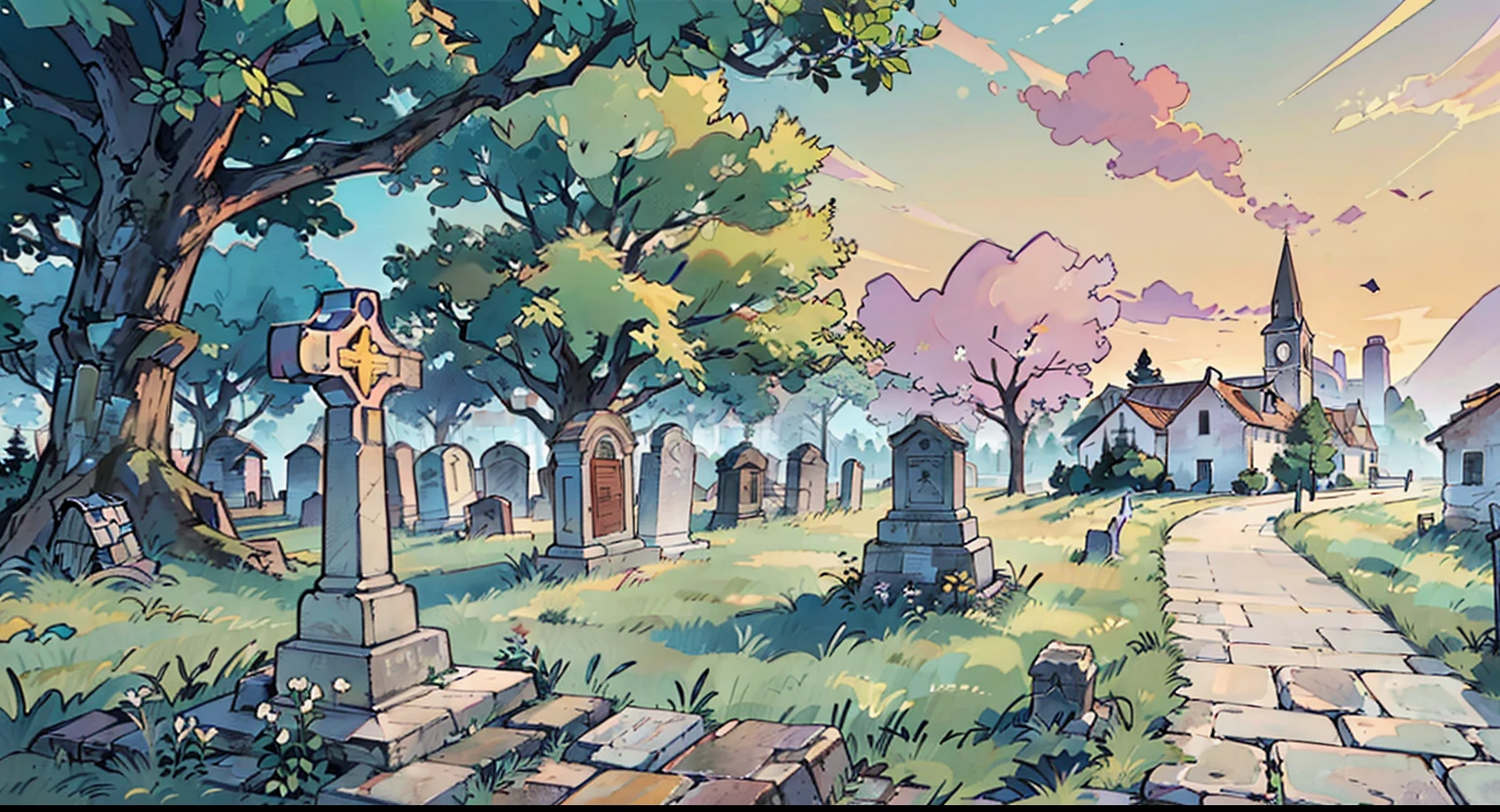 Old cemetery, Provençal type French village, purple pink ambient light