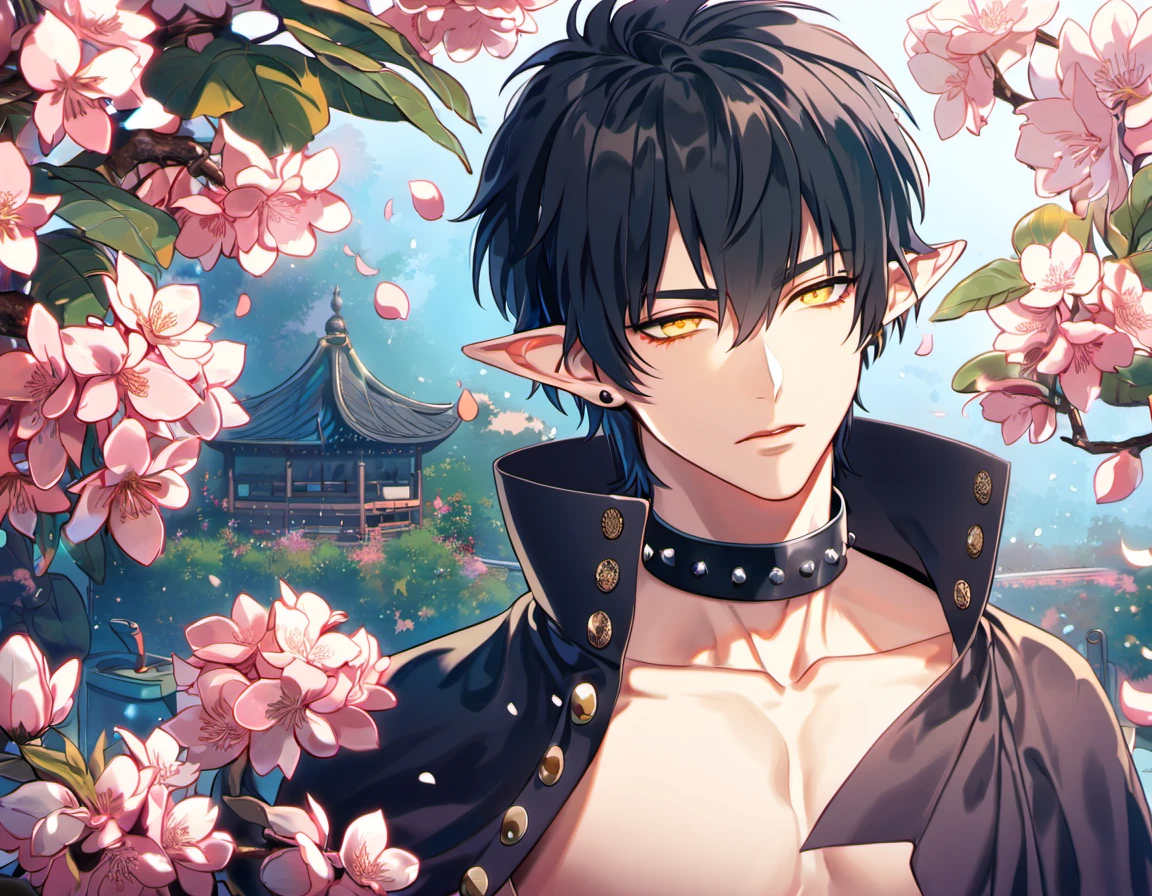 absurdres, highres, ultra detailed, HDR, masterpiece, Ren, black hair without bangs, expressive golden eyes, Dramatical Murder, 1man, handsome, bare chest, black cape, pointed ears, black collar with studs, designed decoration such as red leaves, birds and blossoms, petals, garden