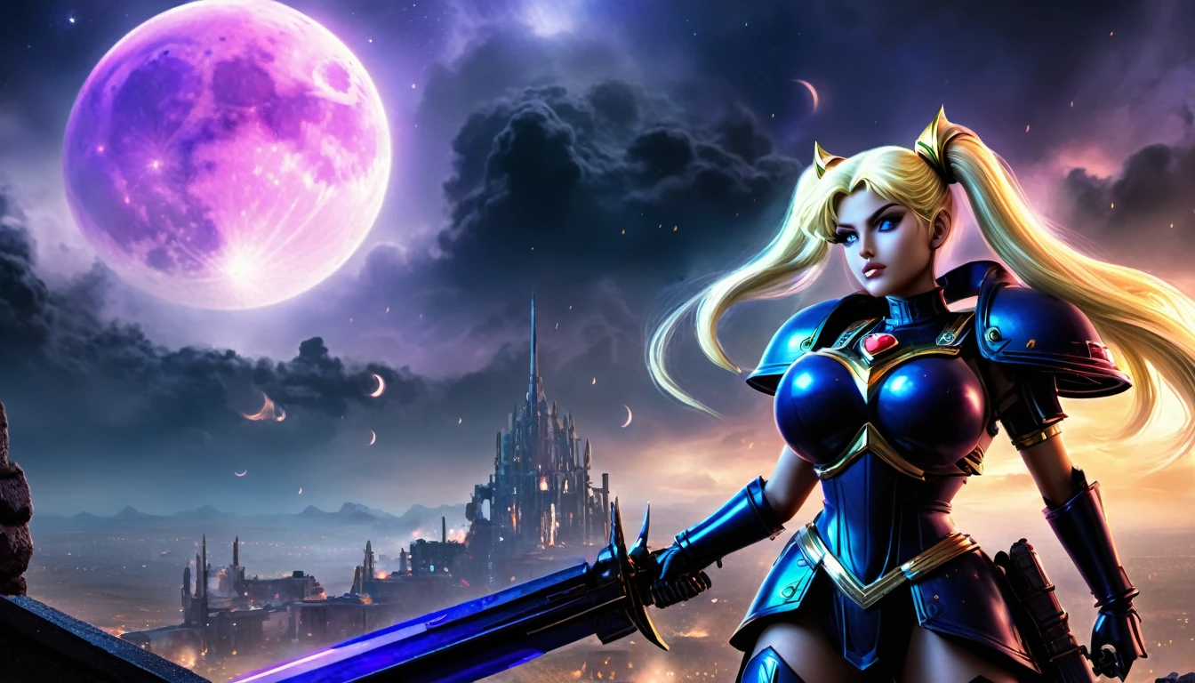 (best quality,highres,masterpiece:1.2),ultra-detailed,realistic:1.37,Space marine legion,Sailor Moon themed,war scenery,battle,explosions,chaos,combat action,effective weapons,armor plated,great power,brutal fights,heroic poses,commanding officers,alien creatures,devastation,ruthless enemies,bloodshed,thrilling firefight,dynamic movements,vibrant colors,intricate designs,serene moonlight,cosmic energy,confrontation with darkness,intense transformation,loyalty and friendship,strong sisterhood,symbolic crescent moon,futuristic technology,amidst ruins,black smoke,stormy skies,glowing magical aura,moonlit battlefield