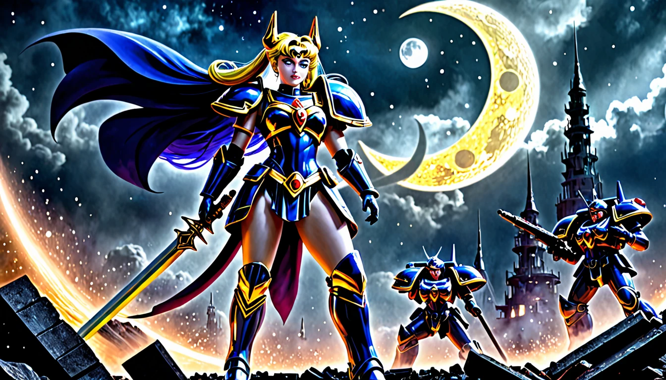 (best quality,highres,masterpiece:1.2),ultra-detailed,realistic:1.37,Space marine legion,Sailor Moon themed,war scenery,battle,explosions,chaos,combat action,effective weapons,armor plated,great power,brutal fights,heroic poses,commanding officers,alien creatures,devastation,ruthless enemies,bloodshed,thrilling firefight,dynamic movements,vibrant colors,intricate designs,serene moonlight,cosmic energy,confrontation with darkness,intense transformation,loyalty and friendship,strong sisterhood,symbolic crescent moon,futuristic technology,amidst ruins,black smoke,stormy skies,glowing magical aura,moonlit battlefield