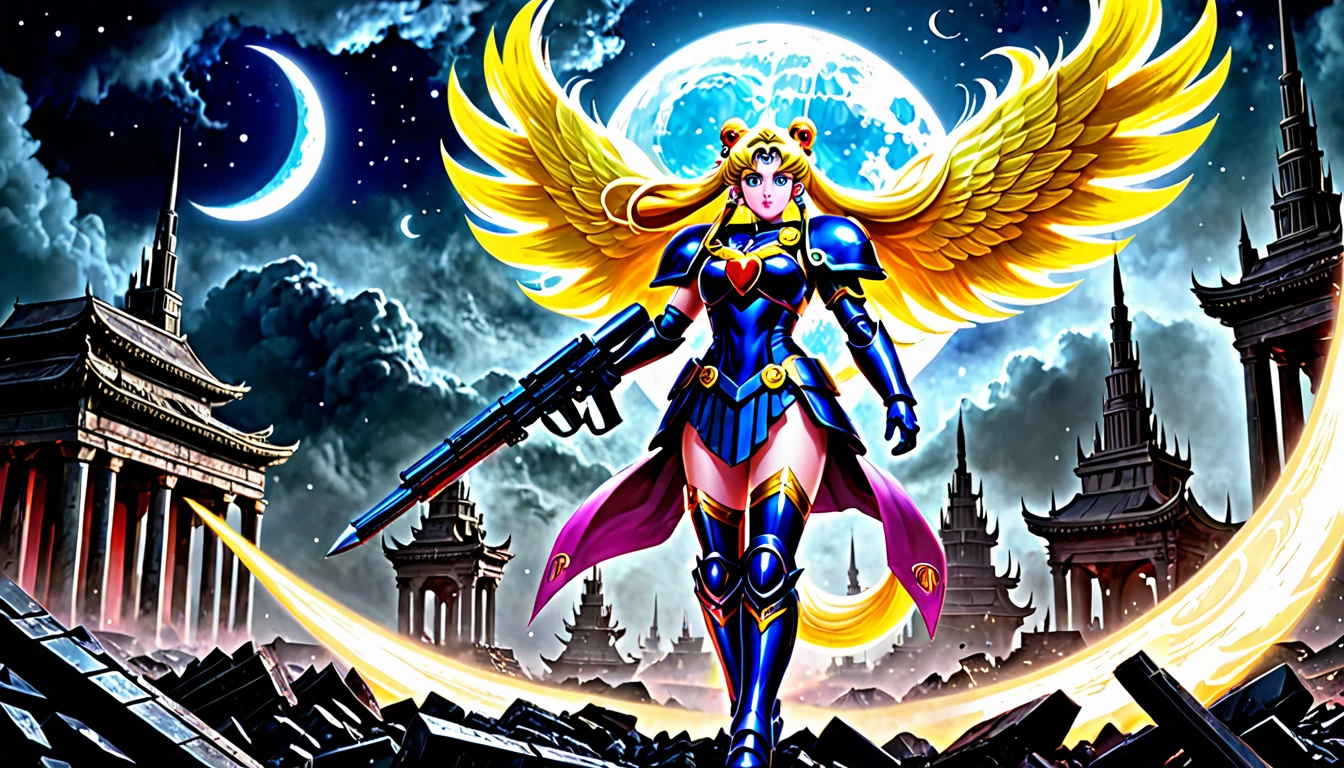 (best quality,highres,masterpiece:1.2),ultra-detailed,realistic:1.37,Space marine legion,Sailor Moon themed,war scenery,battle,explosions,chaos,combat action,effective weapons,armor plated,great power,brutal fights,heroic poses,commanding officers,alien creatures,devastation,ruthless enemies,bloodshed,thrilling firefight,dynamic movements,vibrant colors,intricate designs,serene moonlight,cosmic energy,confrontation with darkness,intense transformation,loyalty and friendship,strong sisterhood,symbolic crescent moon,futuristic technology,amidst ruins,black smoke,stormy skies,glowing magical aura,moonlit battlefield