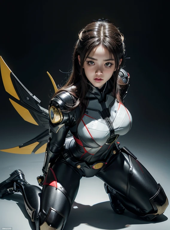 1 girl、big breasts、slim、perfect proportions、rough skin, Super detailed, advanced details, high quality, 最high quality, High resolution, 1080p, hard disk, gorgeous beauty,(kamenrider555),(female rider),body suit,combat uniform,transformation belt,battle mode,Metal,Transform into Kamen Rider,cyborg、put both hands behind your back、slave、restraint、first round、view audience、hands tied behind one's back、kneel down、sit straight