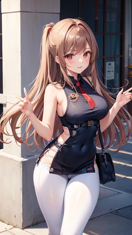 Game , goddess of victory nikke, Rapi , light brown hair, alluring eyes ,beautiful face , crystal red eyes , long hair , women sleeveless tops,armpits, blue colour shirt, white leggings, ,selfie wind, 1 hand bag, cheerful eyes, ,g cup breast, slender waist, bewitching thighs, five fingers each hand, two hand ,two leg , in town, date, standing, beautiful, high heels, daylight, recreation park,