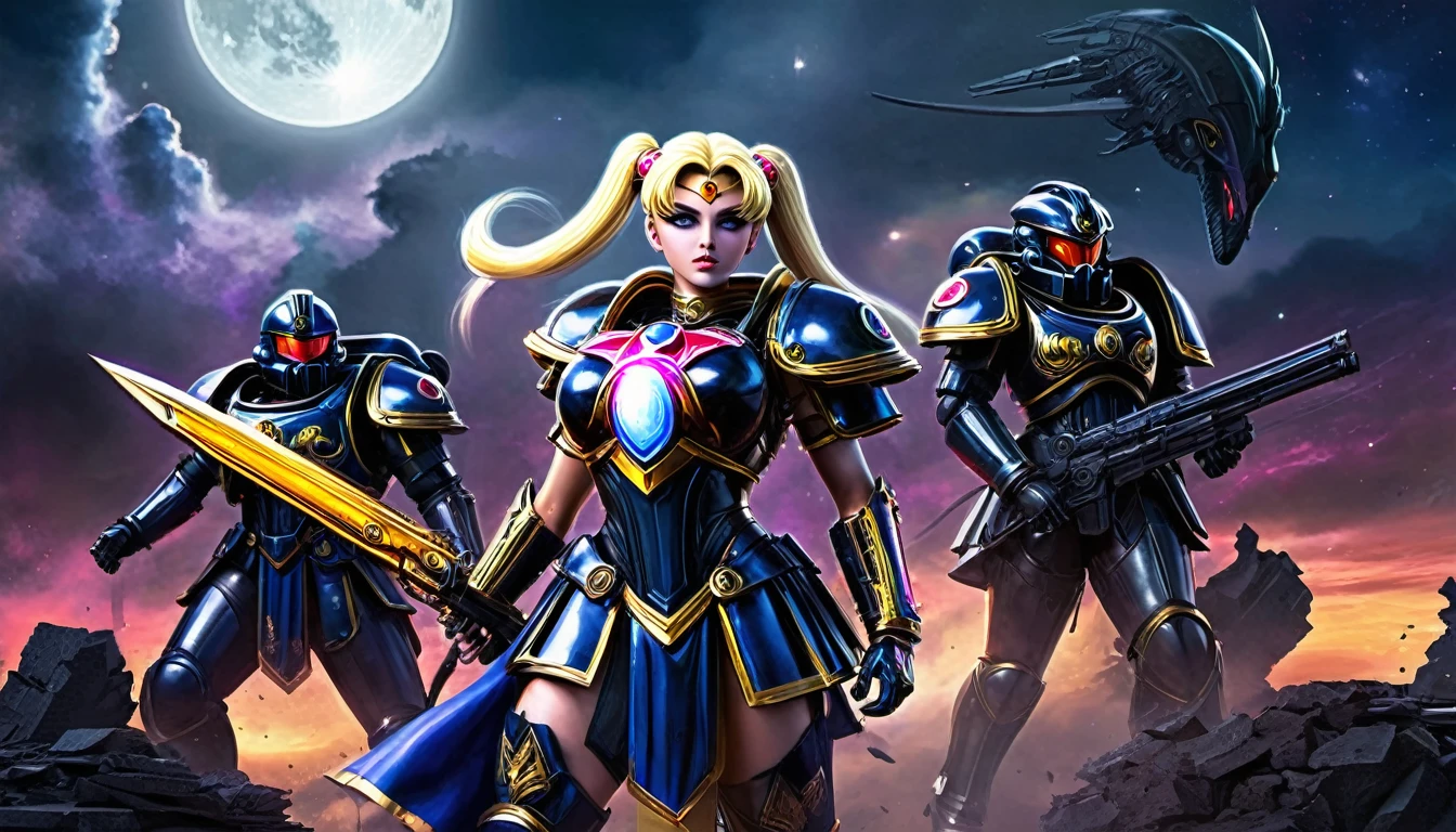 (best quality,highres,masterpiece:1.2),ultra-detailed,realistic:1.37,Space marine legion,Sailor Moon themed,war scenery,battle,explosions,chaos,combat action,effective weapons,armor plated,great power,brutal fights,heroic poses,commanding officers,alien creatures,devastation,ruthless enemies,bloodshed,thrilling firefight,dynamic movements,vibrant colors,intricate designs,serene moonlight,cosmic energy,confrontation with darkness,intense transformation,loyalty and friendship,strong sisterhood,symbolic crescent moon,futuristic technology,amidst ruins,black smoke,stormy skies,glowing magical aura,moonlit battlefield