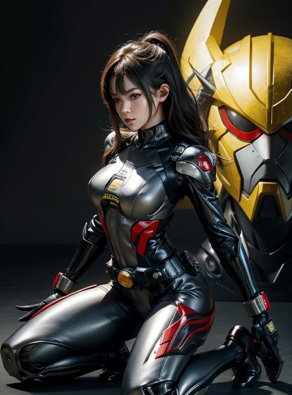 1 girl、big breasts、slim、perfect proportions、rough skin, Super detailed, advanced details, high quality, 最high quality, High resolution, 1080p, hard disk, gorgeous beauty,(kamenrider555),(female rider),body suit,combat uniform,transformation belt,battle mode,Metal,Transform into Kamen Rider,cyborg、put both hands behind your back、slave、restraint、first round、view audience、hands tied behind one's back、kneel down、sit straight