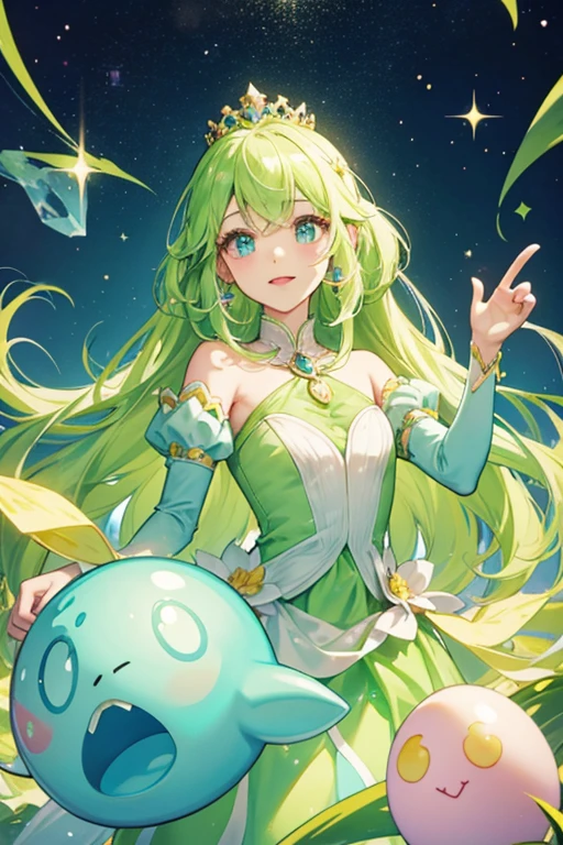 Slime Princess looks just as she sounds, like a glob of slime. The majority of her body is dull lime-green color, but she also has a yellow center. She has two arms, that when not being used may disappear back into her body. She wears a tiara, only the gem in the center is green, while Princess Bubblegum's is turquoise. when she has an egg in her it appears under her face in the her yellow center. SPARKLE; GLITTER