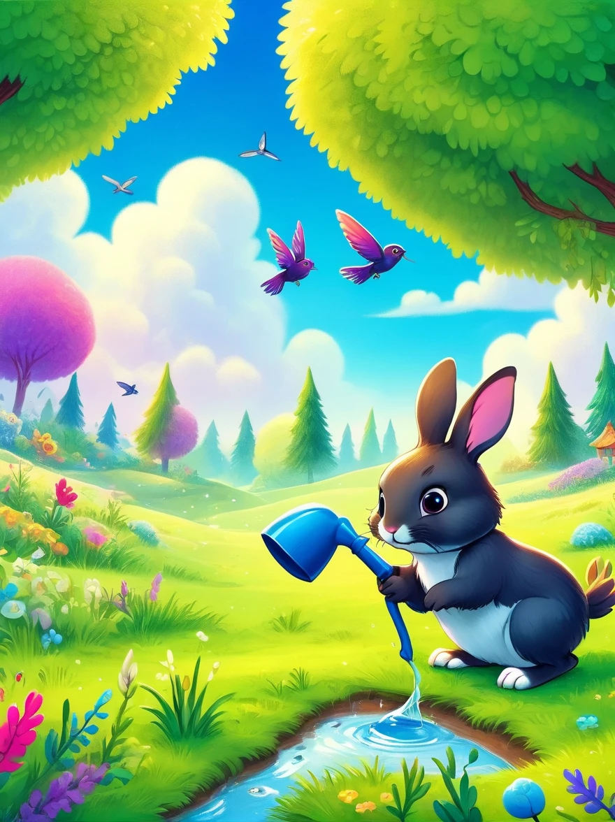 grassland, (A little rabbit is weeding with a shovel:1.3), 1 swallow flying low, rain, Vivid colors, Super high saturation, RGB color, Bright