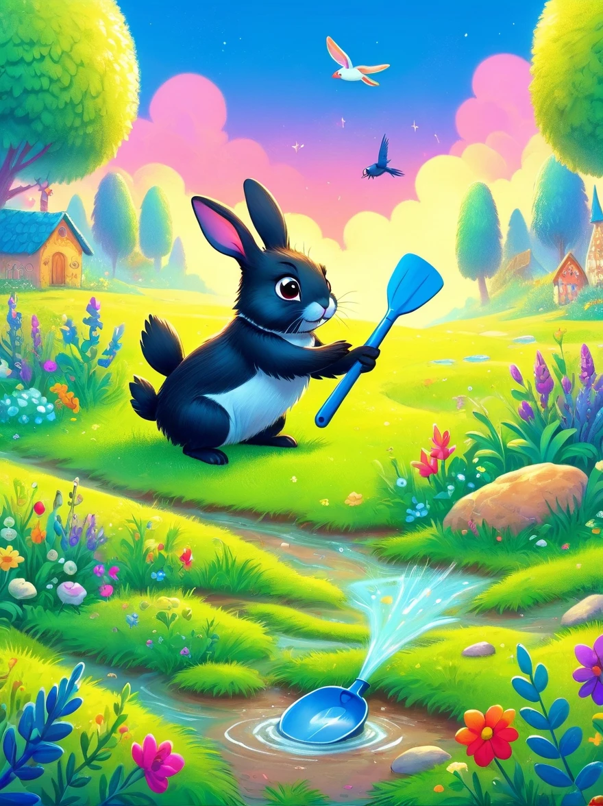 grassland, (A little rabbit is weeding with a shovel:1.3), 1 swallow flying low, rain, Vivid colors, Super high saturation, RGB color, Bright