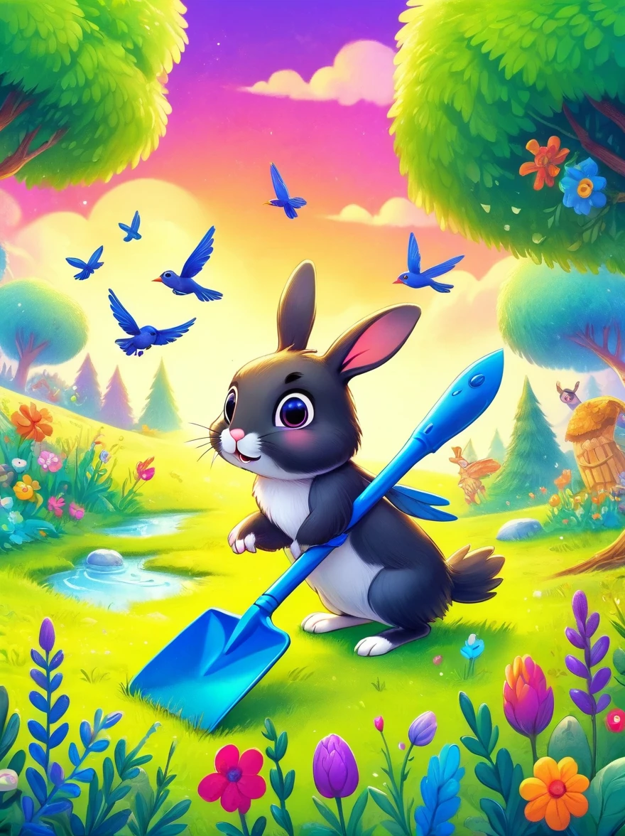 grassland, (A little rabbit is weeding with a shovel:1.3), 1 swallow flying low, rain, Vivid colors, Super high saturation, RGB color, Bright