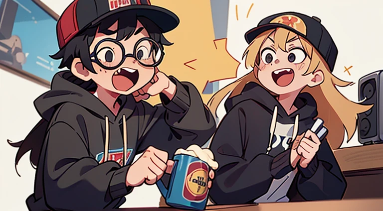 podcast, 2 big microphone,shouting,drinking beer, hysterical laughing,wild | 2boys ,"boy A, black hair that has glasses, emo hair long","boy B,blonde hair,wearing hoodie,long hair,backwards baseball hat (no glasses)"