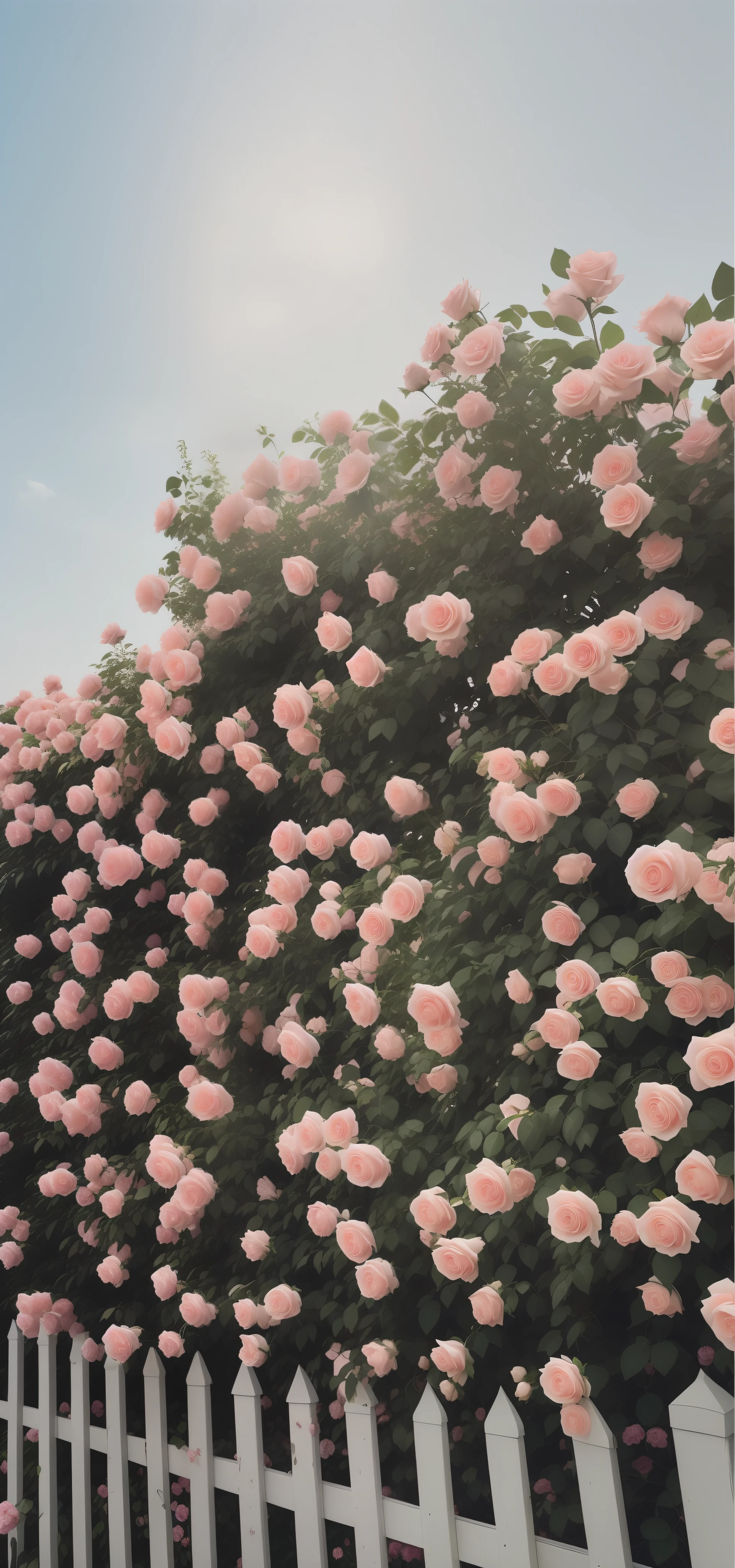 There is a white picket，It has pink roses growing on it, There are soft bushes, rosette, beautiful aesthetic, Nature and floral aesthetics, portal made of roses, The aesthetic field of flowers, Beautiful flowers, blonde, Beautiful flowers生长, Beautiful and beautiful, beautiful nature, rose Garden, Soft Rose, Lying on roses, incredibly beautiful, pink flowers