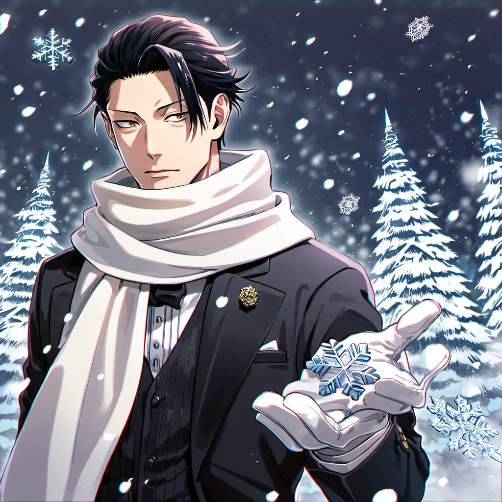 Ultra detailed, highres, absurdres, HDR, Geto Suguru, black hair, brown eyes, handsome, Jujutsu Kaisen, snowing, snowflakes, ice forest, white scarf, butler clothes, white gloves, 1 man only