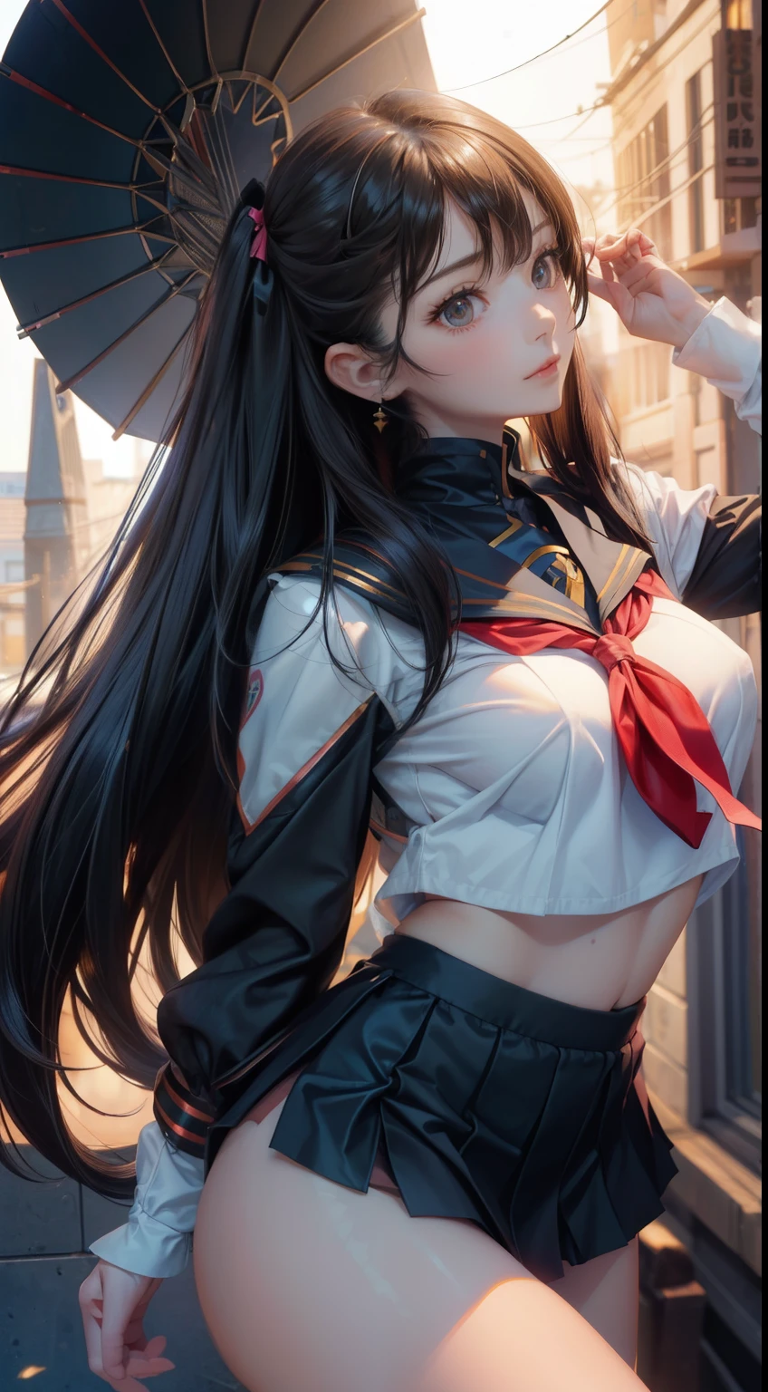 1 girl,(highly detailed skin),bent,,beautiful胸,big breasts,pale skin,pointed chest,erect nipples,(fantasy art,best image quality,surrealist portrait,(8K),Super realistic,最high quality, high quality, High resolution, high quality texture,high detail,beautiful,become familiar with,Very detailed CG,become familiar withテクスチャー,realistic expression,masterpiece,sense of presence,dynamic,bold),bob hair,(super thin hair),(super soft hair),(ultra straight hair:1.5),流した長いbangs,hair above one eye.black hair、bangs、facing forward、looking at the viewer、Two-dimensional beautiful girl、smile、high school girl、Black sailor suit、black mini skirt、Hair is shoulder length、sailor ribbon