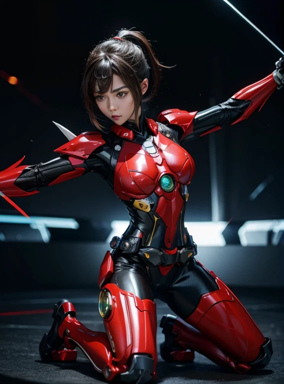 1 girl、big breasts、slim、perfect proportions、rough skin, Super detailed, advanced details, high quality, 最high quality, High resolution, 1080p, hard disk, gorgeous beauty,(kamenrider555),(female rider),body suit,combat uniform,transformation belt,battle mode,Metal,Transform into Kamen Rider,cyborg、put both hands behind your back、slave、restraint、first round、view audience、hands tied behind one's back、kneel down、sit straight