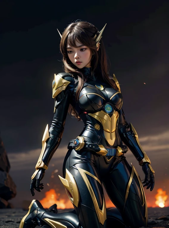 1 girl、big breasts、slim、perfect proportions、rough skin, Super detailed, advanced details, high quality, 最high quality, High resolution, 1080p, hard disk, gorgeous beauty,(kamenrider555),(female rider),body suit,combat uniform,transformation belt,battle mode,Metal,Transform into Kamen Rider,cyborg、put both hands behind your back、slave、restraint、first round、view audience、hands tied behind one&#39;s back、kneel down、sit straight