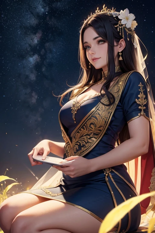 obra de arte, Melhor qualidade, detalhado, 1 garota, Sozinho, noite sky, ao ar livre, lua cheia, estrelas, nuvens, noite,, sakura escura, (Vestido preto), cabelo longo, evil smile, Red loop, listrado, coxas