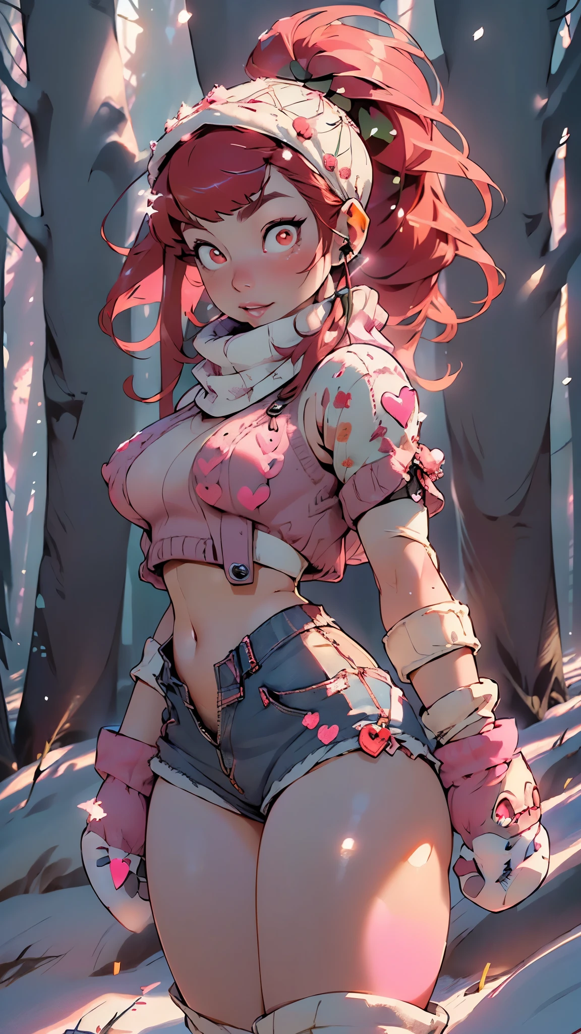 explorer girl,1girl,((extremely cute and beautiful red haired explorer girl)),(((18 years old))),(large breasts:1.4),((((red hair:1.35,absurdly long unkempt hair,ponytail red hair,bangs,colored inner hair,ear breathing)))),(((red_eyes:1.3))),intricate eyes,beautiful detailed eyes,symmetrical eyes,((((lustrous skin:1.5,tanned skin,bright skin:1.5,skin tanned,shiny skin,very shiny skin,shiny body)))),(spider lower abdomen,narrow waist,wide hip,athletic body,inflated legs,thick thighs,detailed body,(detailed face)),((heart pupils:1.5,heart:1.3,hearts:1.3,heart marks:1.3)),(ahegao face:1.5),

cute,slutty,seductive,erotic,(nsfw),

((large white socks:1.5,socks texture must be natural)),((deep V sweater:1.5)),((no bottoms)),((white mittens:1.5,white scarf:1.5),((navel)),((shorts,short shorts,denim shorts)),(((unzipped, open fly))),

(dynamic pose:1.0),embarrassed,(centered,scale to fit dimensions,Rule of thirds),

((snowy pink cherry forest:1.5,pink theme forest:1.5)),winter,scenery:1.25,((intricate scenery)),((snow forest background)),

(Glossy winter ornaments),highres,sharp focus,(ultra detailed,extremely detailed),(photorealistic artwork:1.37),(extremely detailed CG unity 8k wallpaper),(((vibrant colors,vibrant theme))),(intricate),(masterpiece),(best quality),artistic photography,(photography taken by sldr),(intricate background),perfect rendered face,perfect face details,realistic face,photo realistic,((intricate detail)),(((realism))),
